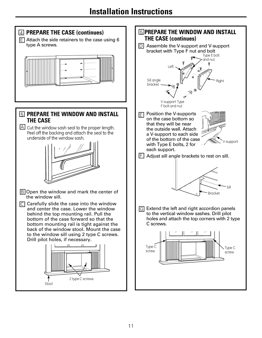 GE AEM2, AEQ2 installation instructions PREPARE THE CASE continues, Prepare the Window and Install the Case, Case continues 